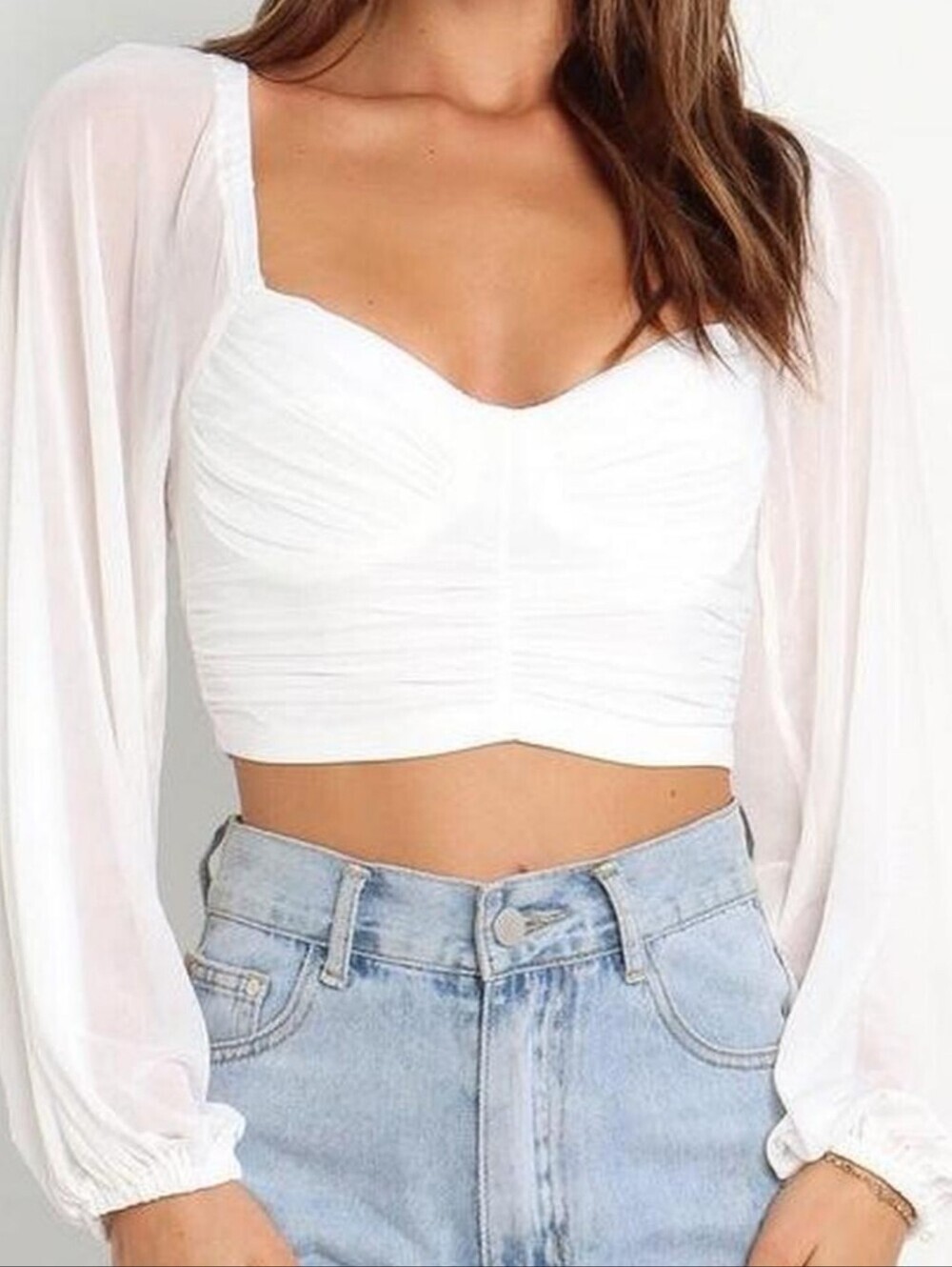 Petal & Pup NWOT White Ruched Long-Sheer-Sleeve Crop Top